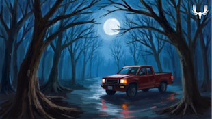 Moonlit forest with red pickup truck on wet road; MeatEater logo top-right