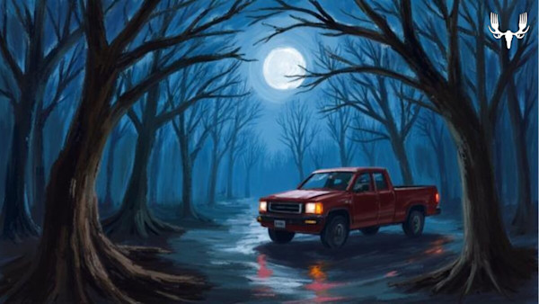 Moonlit forest with red pickup truck on wet road; MeatEater logo top-right