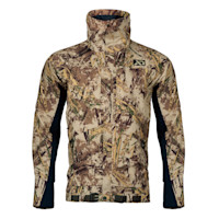 First Lite Men's LZ camo hunting jacket with high collar and zippered front