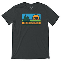 Charcoal T-shirt with rectangular mountain, sun and bear graphic reading 'BEAR GREASE'; MeatEater logo at collar