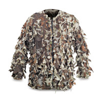 Leafy camouflage hunting jacket with layered leaf panels and center zipper