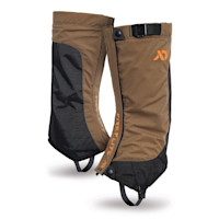 First Lite Brambler boot gaiters, brown and black, orange FIRST LITE text, adjustable underfoot strap