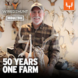 Smiling hunter holding antlers amid skulls; overlay text 'WIRED TO HUNT', 'MOULTRIE', '50 YEARS ONE FARM'