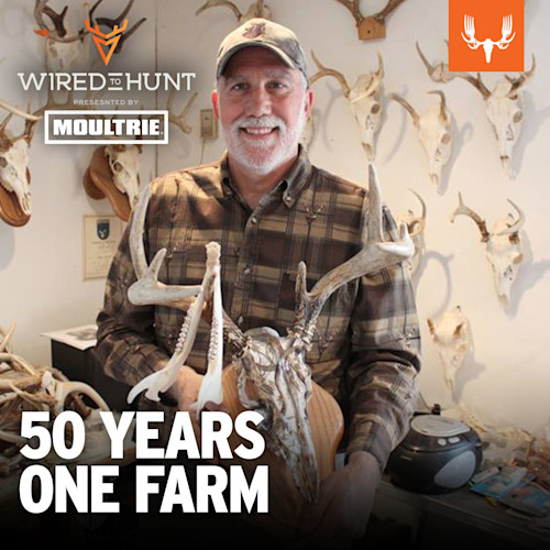 Smiling hunter holding antlers amid skulls; overlay text 'WIRED TO HUNT', 'MOULTRIE', '50 YEARS ONE FARM'