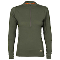 First Lite women's Wick olive quarter-zip top with thumbhole cuffs