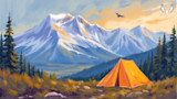 Painted mountain scene with orange tent, snow-capped peaks, evergreens, flying bird, MeatEater logo