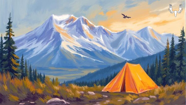 Painted mountain scene with orange tent, snow-capped peaks, evergreens, flying bird, MeatEater logo