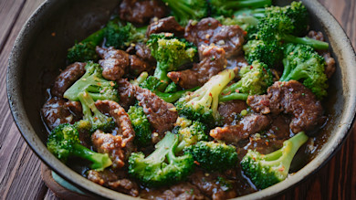 Venison and broccoli stir-fry in brown sauce in skillet