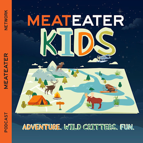 MEATEATER KIDS — map with animals, tent and campfire; text "ADVENTURE. WILD CRITTERS. FUN."