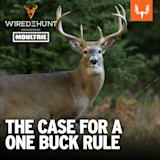 Buck with antlers in forest; text "WIRED TO HUNT", "MOULTRIE", headline "THE CASE FOR A ONE BUCK RULE"