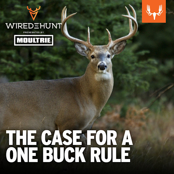 Buck with antlers in forest; text "WIRED TO HUNT", "MOULTRIE", headline "THE CASE FOR A ONE BUCK RULE"