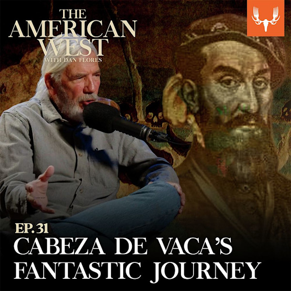 THE AMERICAN WEST — EP.31 CABEZA DE VACA'S FANTASTIC JOURNEY host speaking into microphone beside engraved portrait