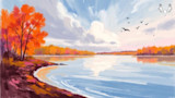 Autumn riverside painting with orange trees, calm reflective water, flying birds, MeatEater logo