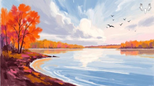 Autumn riverside painting with orange trees, calm reflective water, flying birds, MeatEater logo