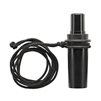 Black cylindrical hunting call with coiled lanyard