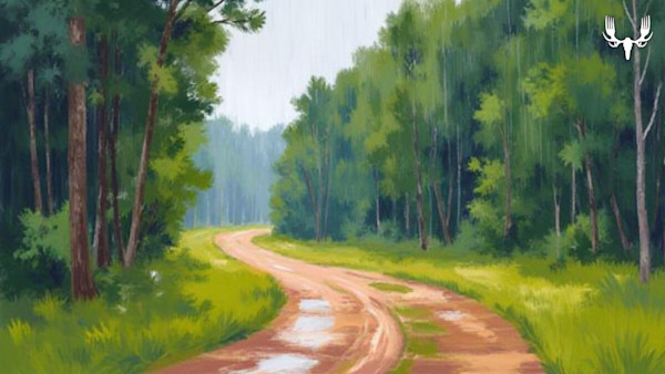 Muddy winding dirt road with puddles through green forest in rain, MeatEater logo