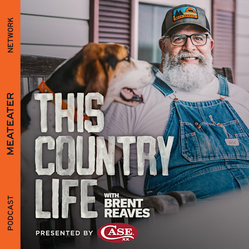 Bearded man in overalls with dog on porch; text "THIS COUNTRY LIFE" and "WITH BRENT REAVES"