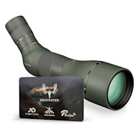 Vortex Razor angled spotting scope with MEATEATER gift card showing First Lite, FHF Gear, Phelps logos