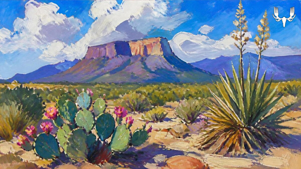 Desert landscape painting with flat-topped mesa, blooming prickly pear cactus, yucca, blue sky; MeatEater logo