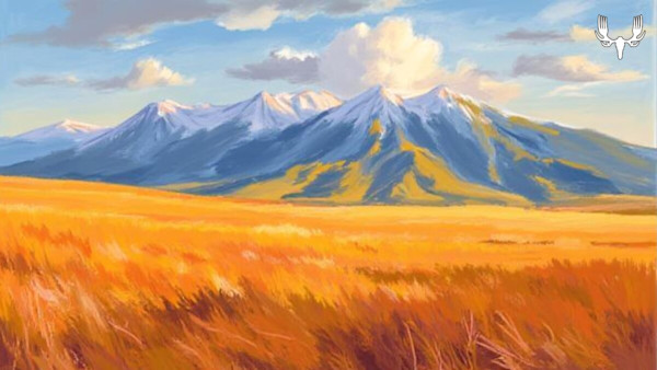 Golden field with blue, snow-capped mountains and MeatEater antler logo top-right