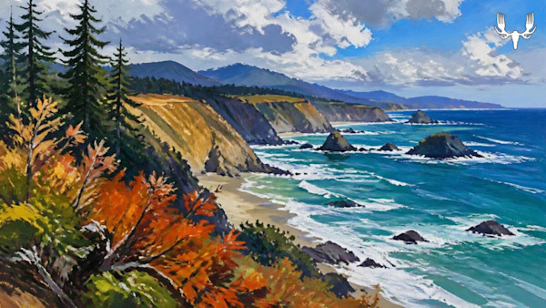Coastal cliffs and rocky shoreline with turquoise waves and fall foliage; MeatEater logo top-right