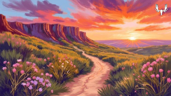 Sunset over prairie trail with wildflowers, cliffs at left, MeatEater logo top-right