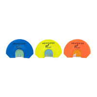 Three diaphragm turkey calls labeled MEATEATER and Phelps in blue, yellow, and orange