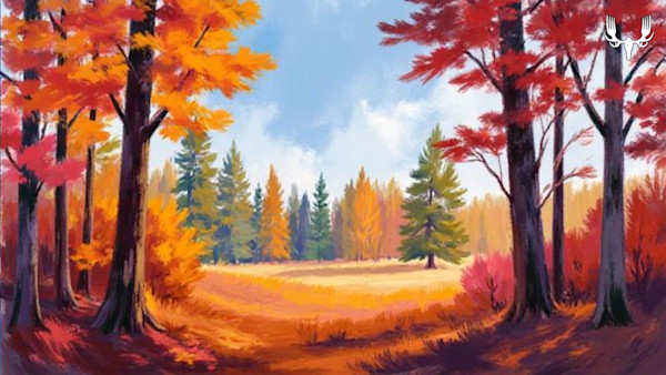 Autumn forest clearing painting with orange and red trees; MeatEater logo upper-right