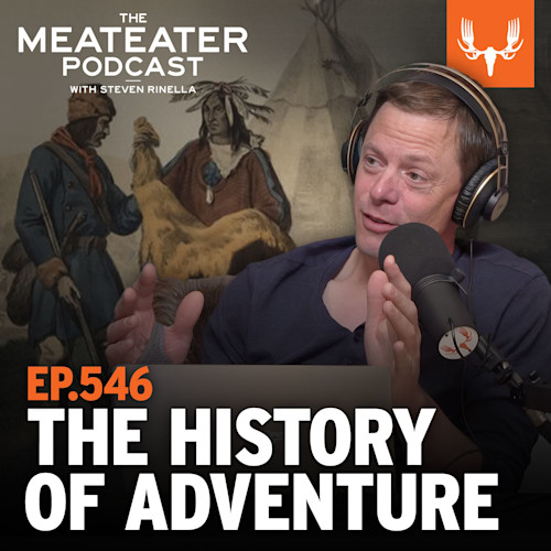 Steven Rinella speaking into microphone with headphones; THE MEATEATER PODCAST — EP.546 THE HISTORY OF ADVENTURE