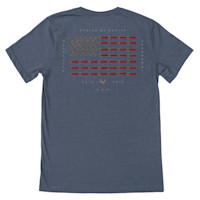 Blue T-shirt back with American flag made of shotgun shells; text 'FUELED BY NATURE' and 'MEATEATER'