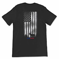 Back of black T-shirt with distressed American flag, elk silhouette and MEATEATER text