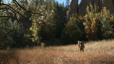 Hunter wearing a backpack walking through tall grass toward forested cliffs