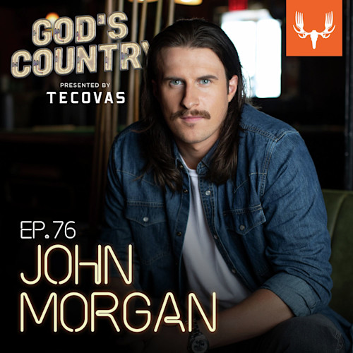 JOHN MORGAN — man with mustache and long hair in denim shirt; text "GOD'S COUNTRY" "EP.76"