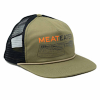 Olive trucker hat with black mesh back, "MEATEATER" text and cleaver graphic