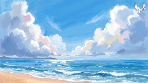 Painted seascape: sandy beach, rolling blue waves and large billowy clouds; MeatEater logo