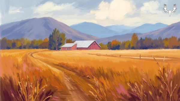 Golden wheat field with dirt track to a red barn and blue mountains; MeatEater logo