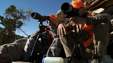Two hunters glassing with spotting scopes on tripods, wearing orange caps and vests on rocky ridge