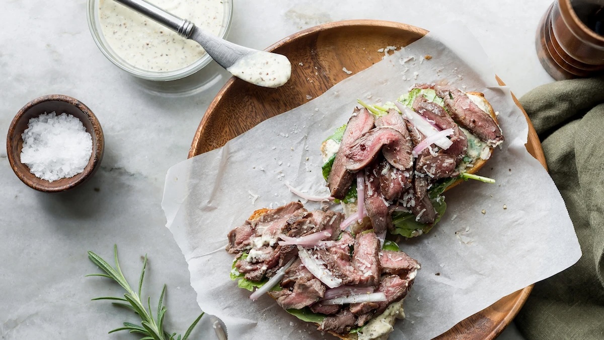 Venison-Flat-Iron-Steak-Sandwich-with-Hot-Mustard-Cream-Parmesan-and-Pickled-Onions-2