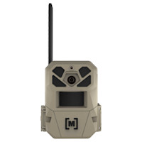 Trail camera with tall antenna, lens, motion sensor and [M] logo