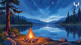 Campfire on lakeshore under a starry night sky with distant mountains; MeatEater logo top right
