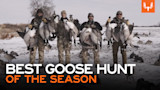 Four hunters in camouflage holding geese in snowy field, text: BEST GOOSE HUNT OF THE SEASON
