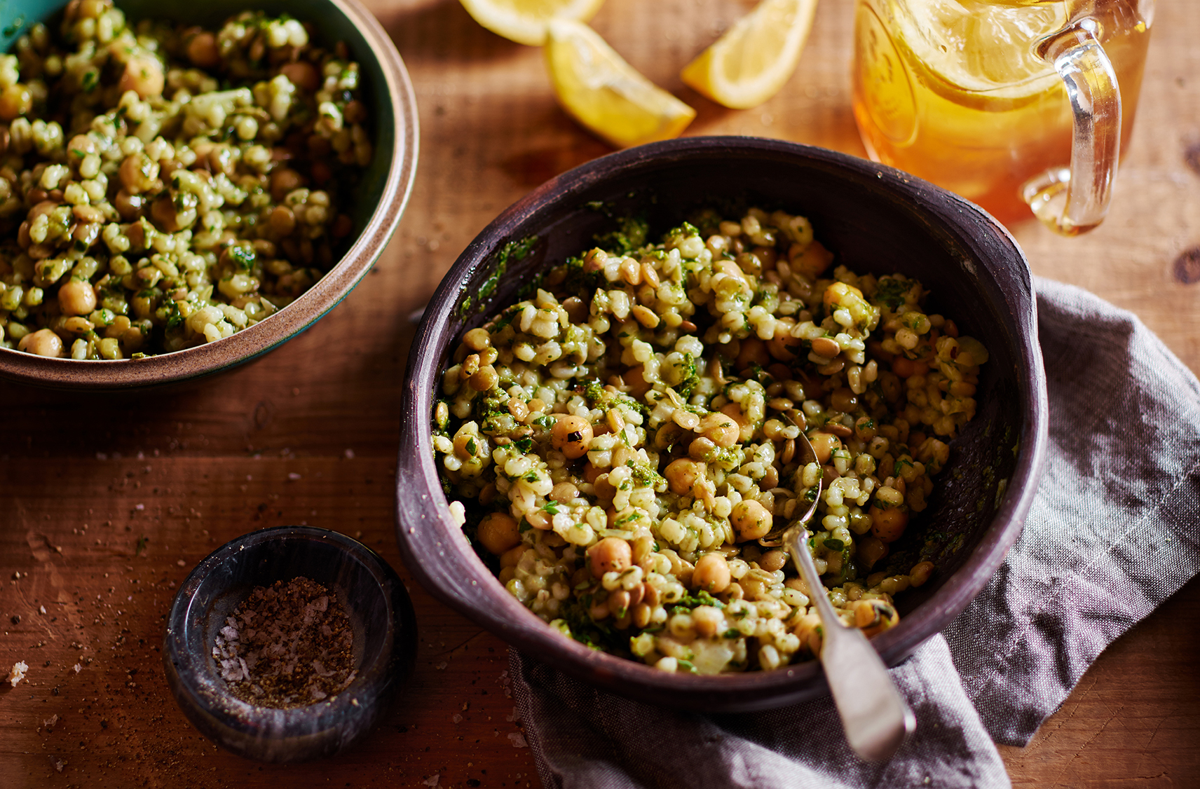 A trio of barley, lentils and chickpeas tossed in zesty green vinaigrette