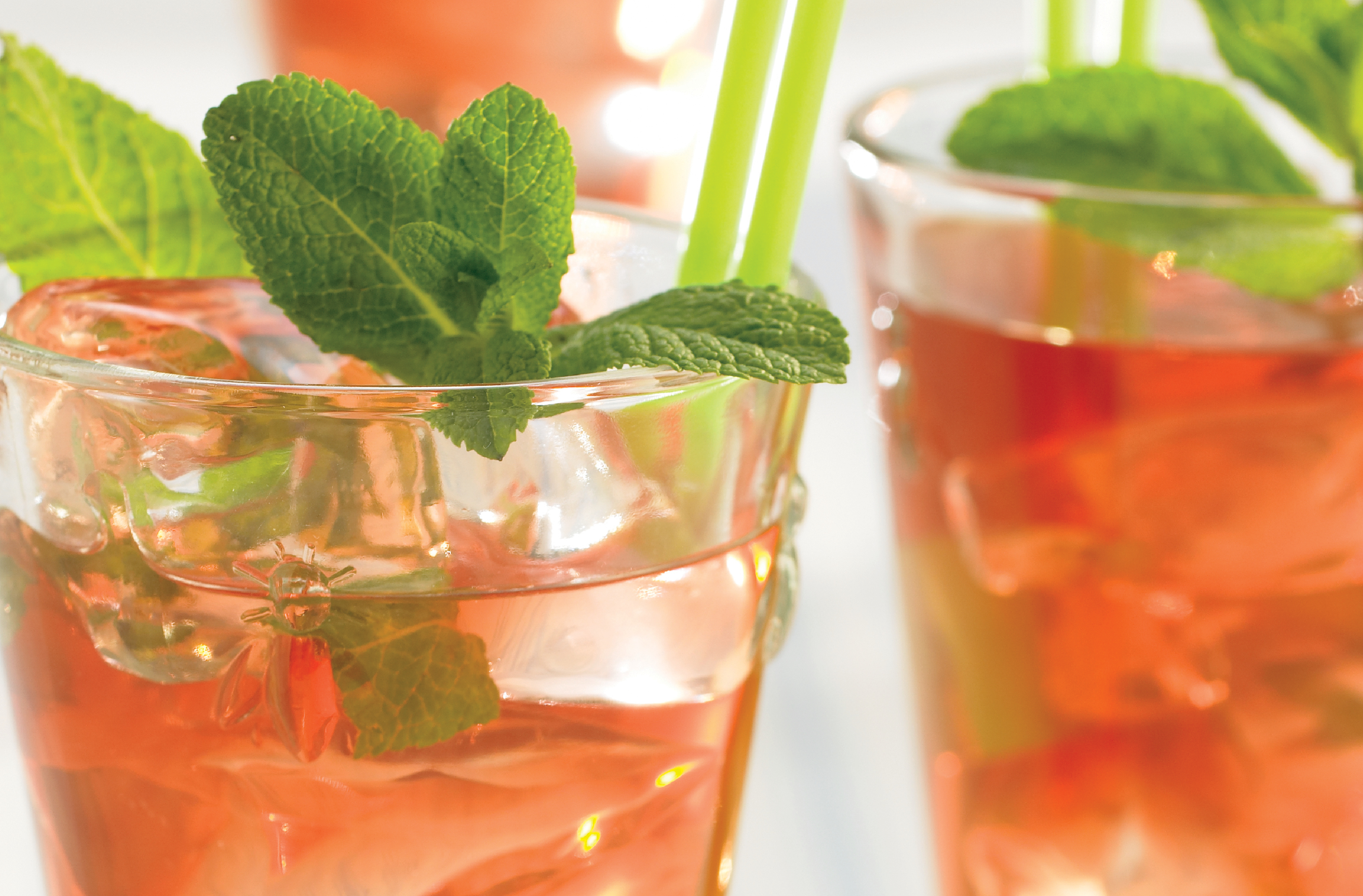 Deux verres de Tisane pêche et gingembre PC bien froide avec gingembre frais et feuilles de menthe
