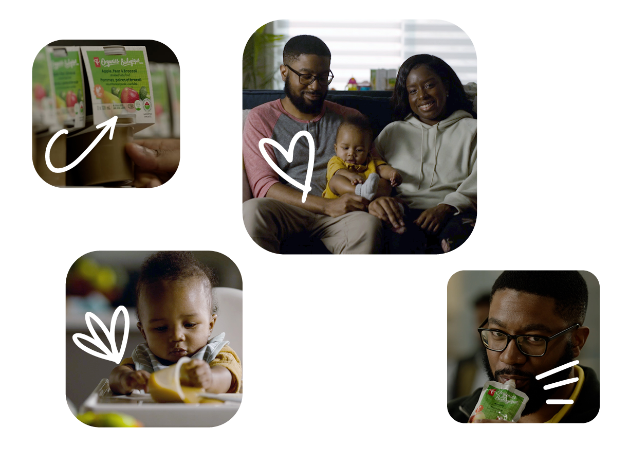 Four images. One of some baby food pouches.  Another with a couple and a baby together. The third of a baby exploring their baby food and the fourth of a dad enjoying the baby food pouch.