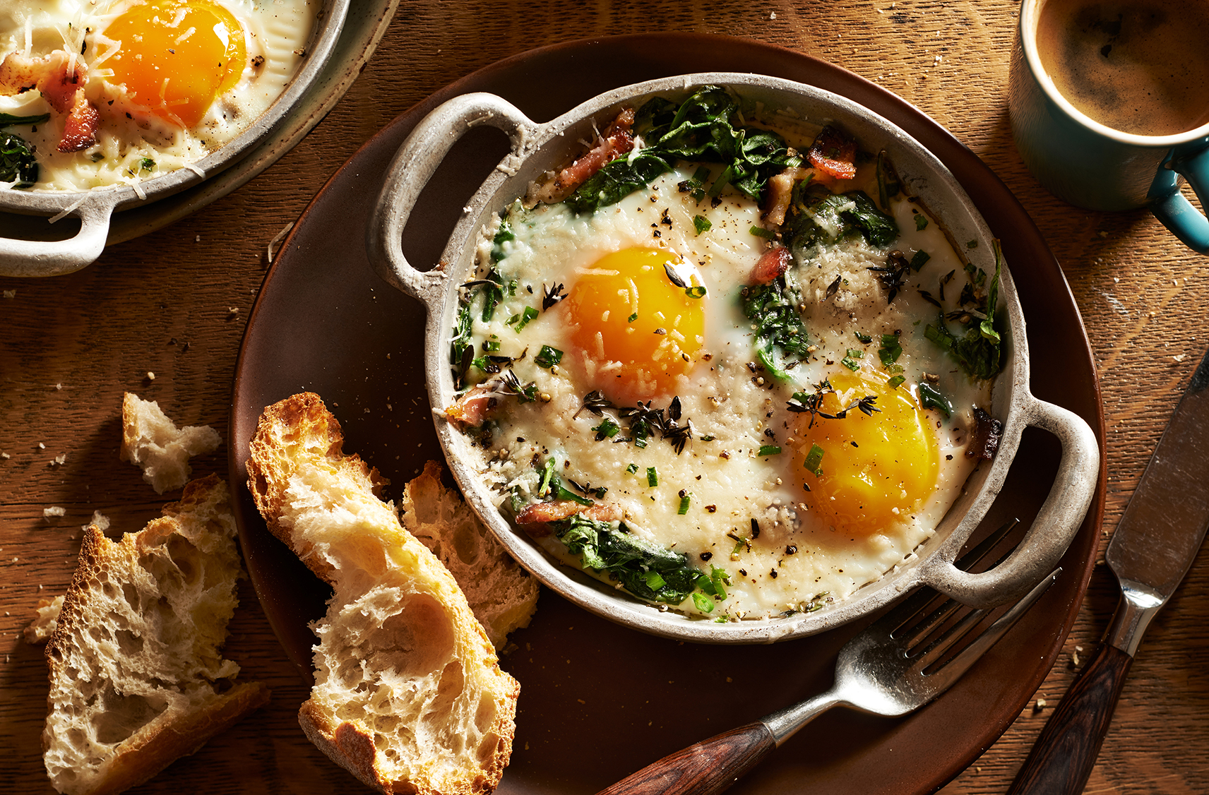 A dutch pot of baked eggs florentine
