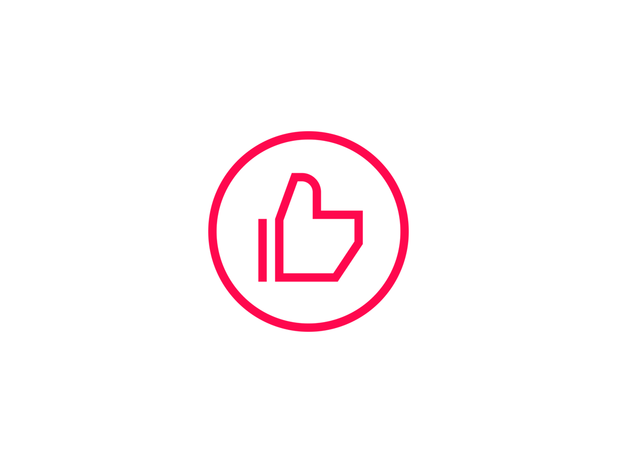 A simple red outline of a thumbs-up icon is inside a red circle on a white background. The thumbs-up hand is stylized with basic, straight lines, and the entire design is minimalist and modern.