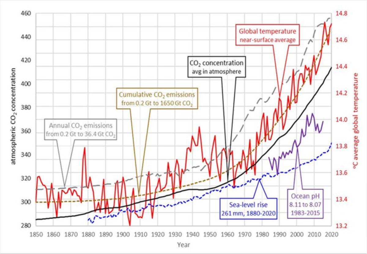 Graph showing trends from 1850 to 2020: atmospheric CO2 concentration (black), global temperature (red), cumulative CO2 emissions (grey), sea-level rise (blue), and ocean pH (purple). Noteworthy points: rising CO2 levels, temperature, and sea level; declining ocean pH.