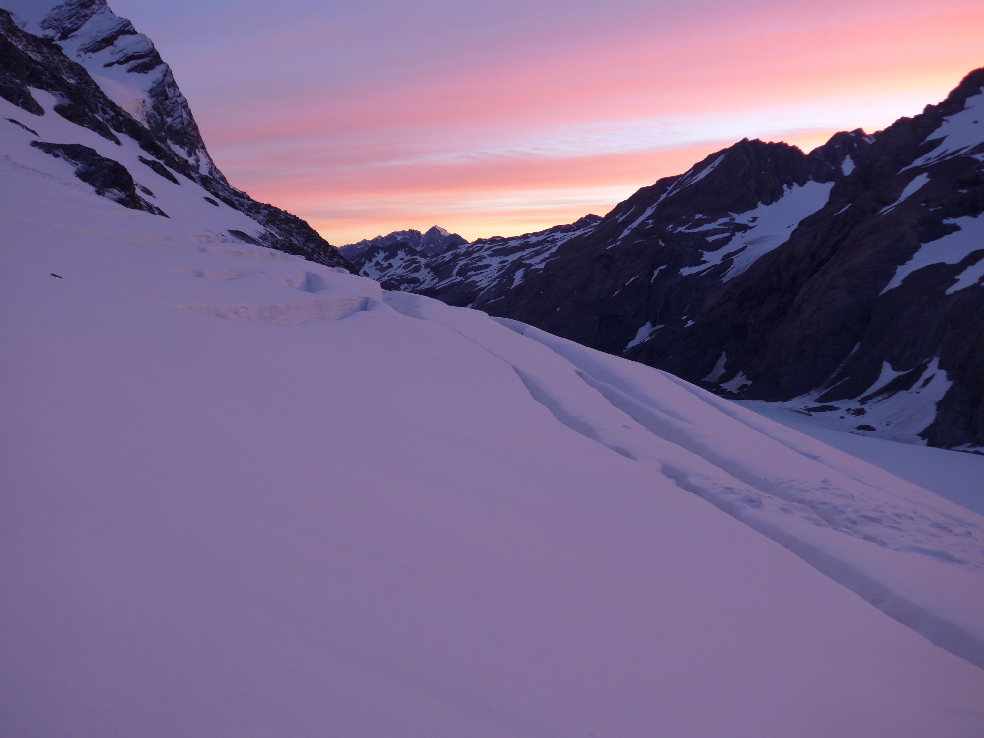 Sunrise in the Southern Alps of New Zealand while ascending Mount Burns.