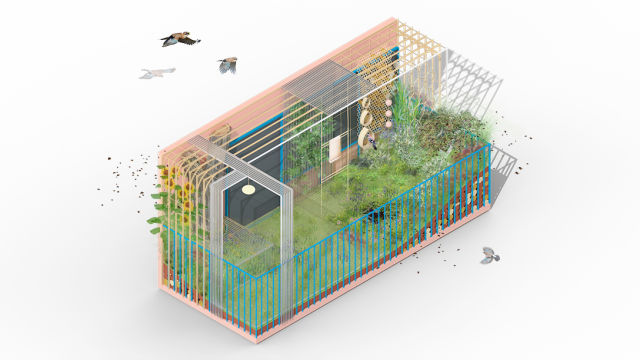 The Flock Party and SWAROVSKI OPTIK JAY DAY urban balcony garden entry in the RHS Chelsea Flower Show is an experiment in shifting the focus of a balcony from a human-centred space to one more inclusive of urban wildlife.