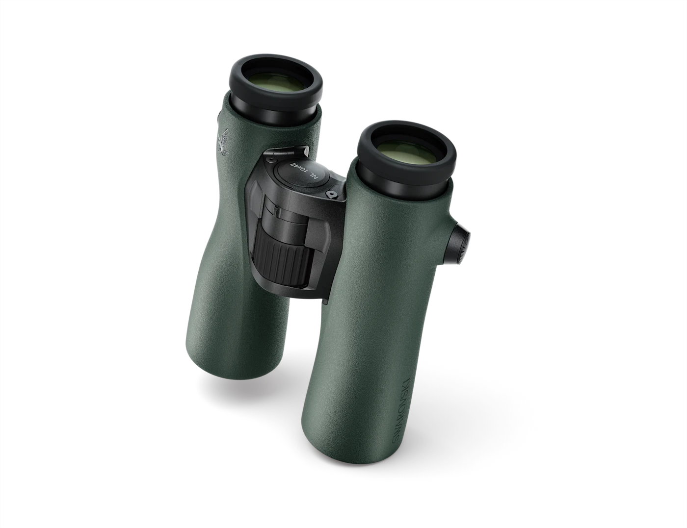 Upright studio view of the green Swarovski NL Pure 10x42 binocular